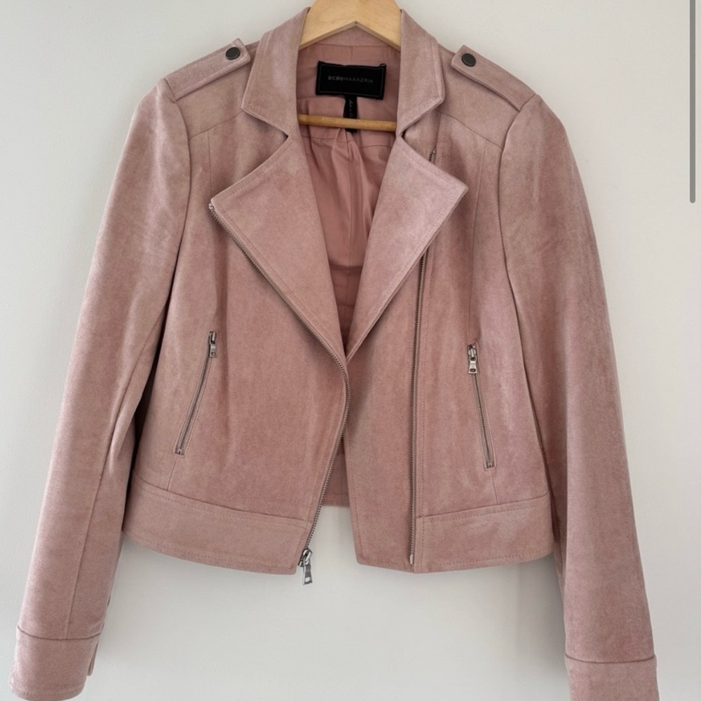 BCBG MaxAzria beautiful light blush pink suede moto jacket, like new condition!